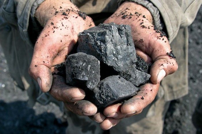 a man holding coal in his hands with dirt all over it's palms and fingers