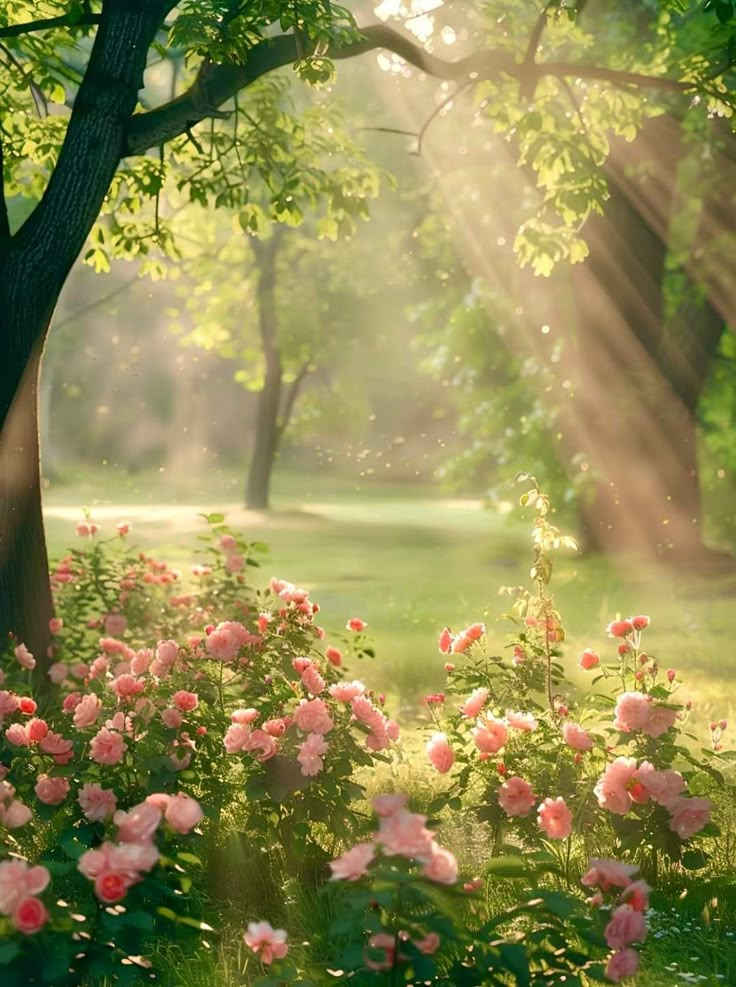 the sun shines through the trees and flowers in this park area with pink roses