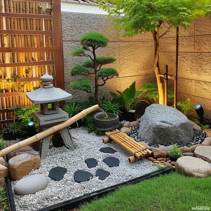 a small garden with rocks and trees in the background, along with a bamboo fence