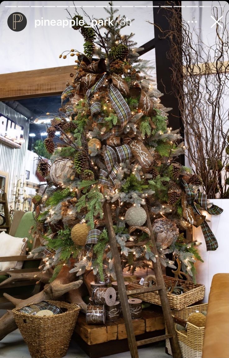 a christmas tree is decorated with ornaments and lights