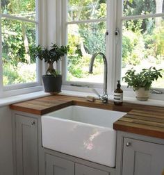 a kitchen sink sitting under two windows next to a window sill with potted plants on it