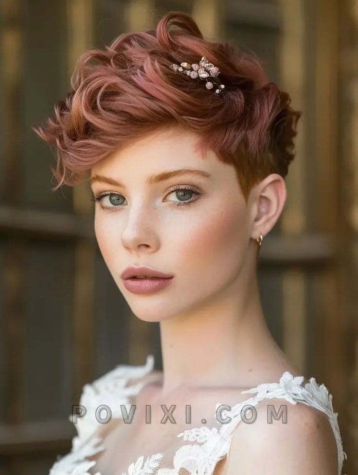 40 Trendy Fall Wedding Hairstyles 2024 for Bride, her Bridesmaid and Guests Super Short Hair Wedding Styles, Short Wedding Hairstyles Pixie, Pixie Bridal Hairstyles, Very Short Wedding Hair, Pixie Formal Hairstyles, Wedding Pixie Hairstyles, Pixie Hair Wedding Styles, Pixie Hair Wedding, Pixie Hairstyles For Wedding