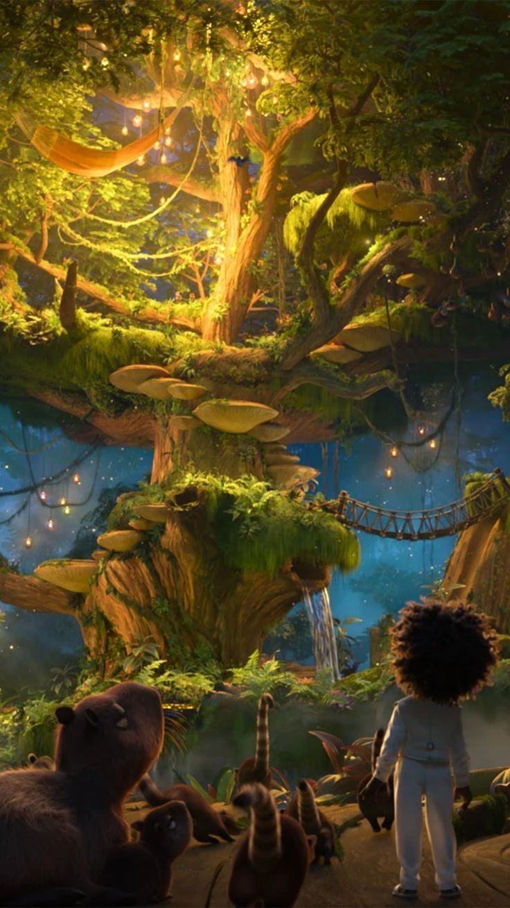 the jungle book character is standing in front of an animated scene with animals and trees