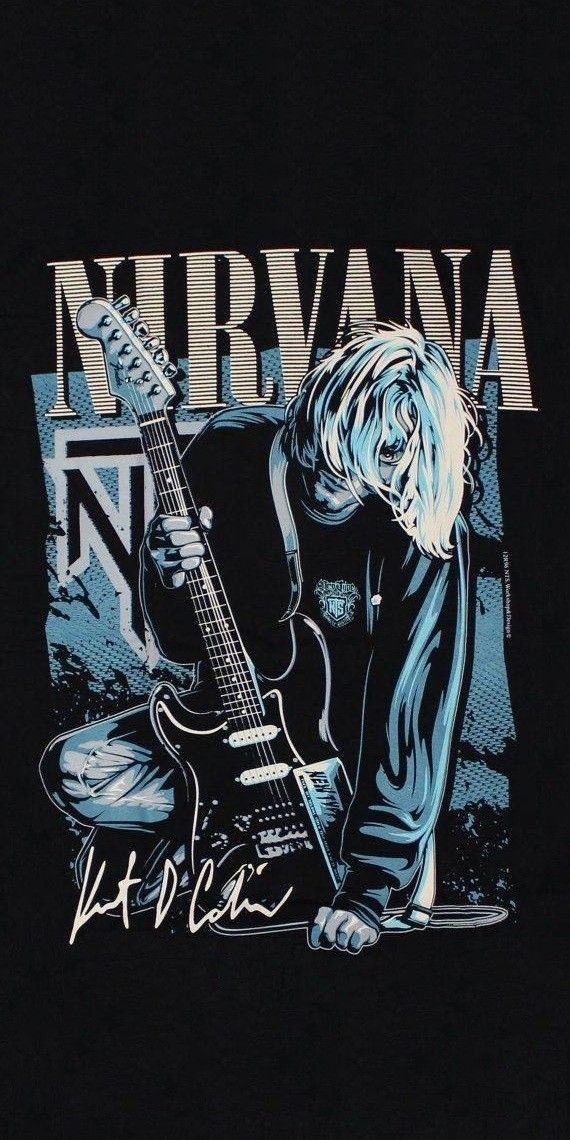 nirvana t - shirt in black with an image of blond haired man playing the guitar