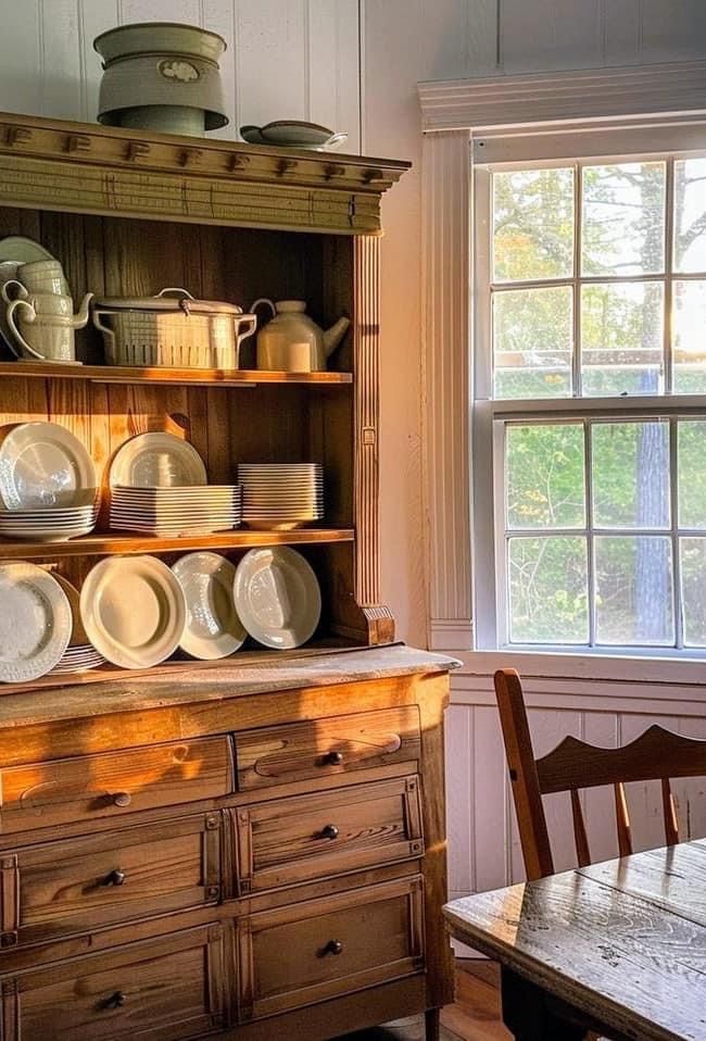 a wooden hutch filled with lots of dishes