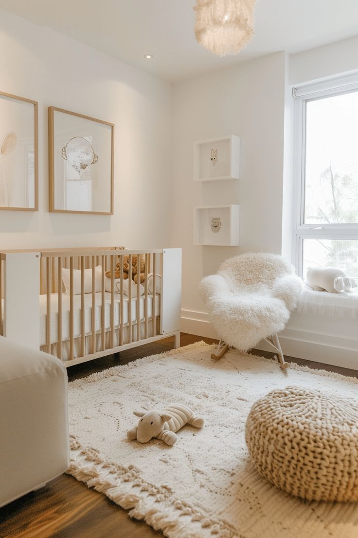 a baby's room with a crib, rocking chair and rug