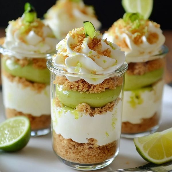 small desserts with lime and whipped cream in glass containers on a plate next to lime wedges