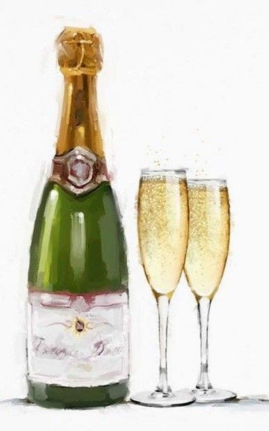 two champagne flutes and a bottle of wine on a white background with watercolor painting effect