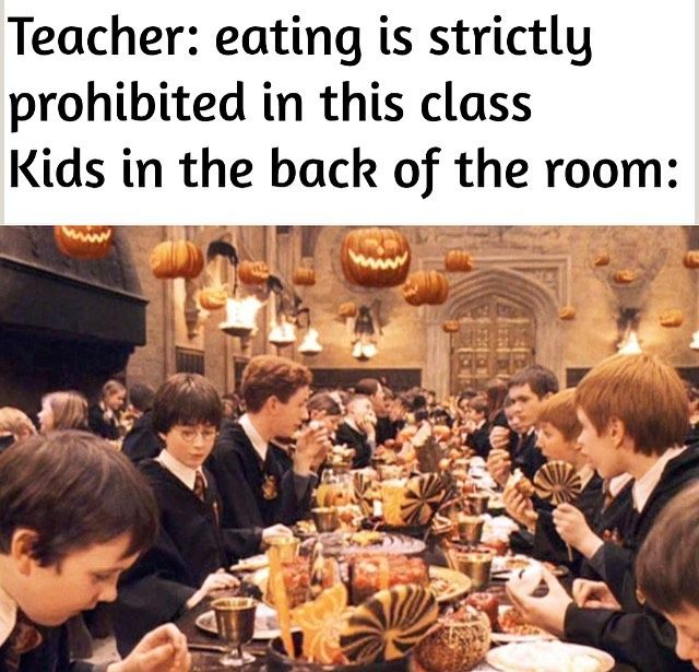 a group of young people sitting around a table eating harry potter themed food and drink