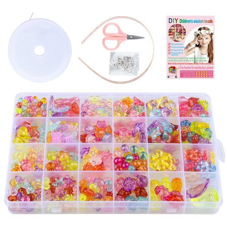 a box filled with lots of different colored beads next to a pair of scissors and thread