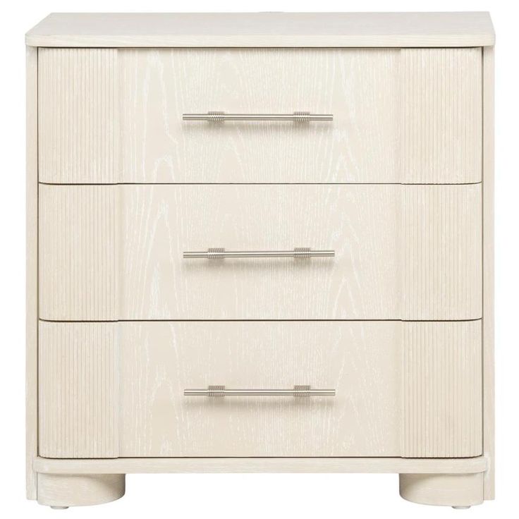 a white dresser with three drawers and two pulls on the bottom, in front of a white background