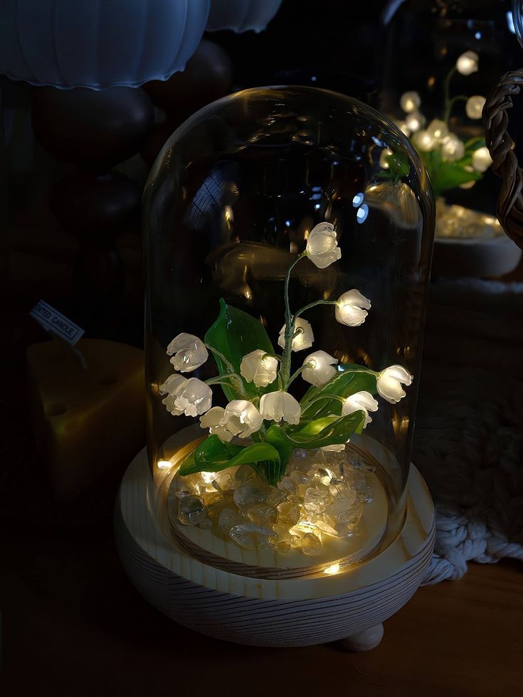 white flowers in a glass dome with fairy lights on the bottom and green leaves growing out of it