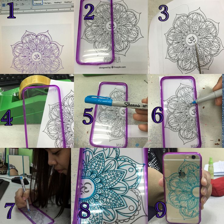 the instructions for how to draw an intricate flower design on a phone case with colored pencils