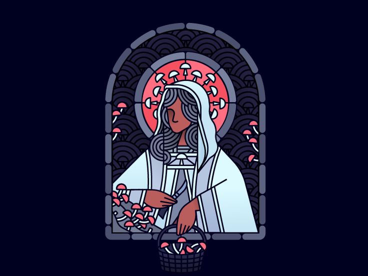 an image of a woman holding a basket in front of a stained glass window with flowers on it