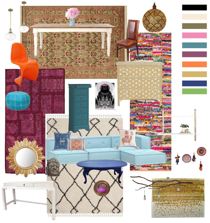 a collage of furniture, rugs, and other items with colors in them