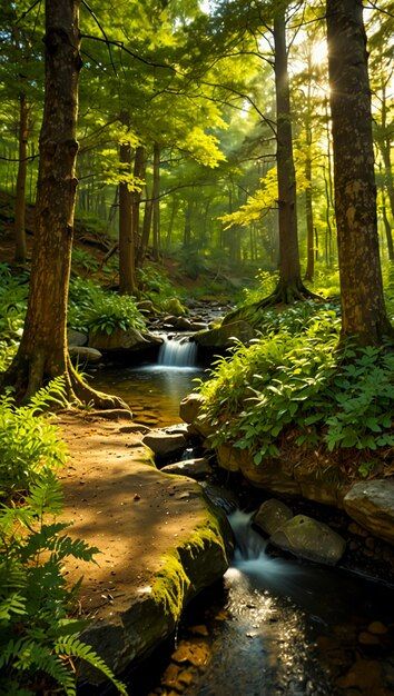 a stream running through a lush green forest