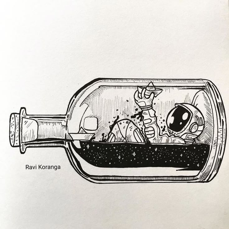 a drawing of an alien in a bottle with the caption ravi koranga