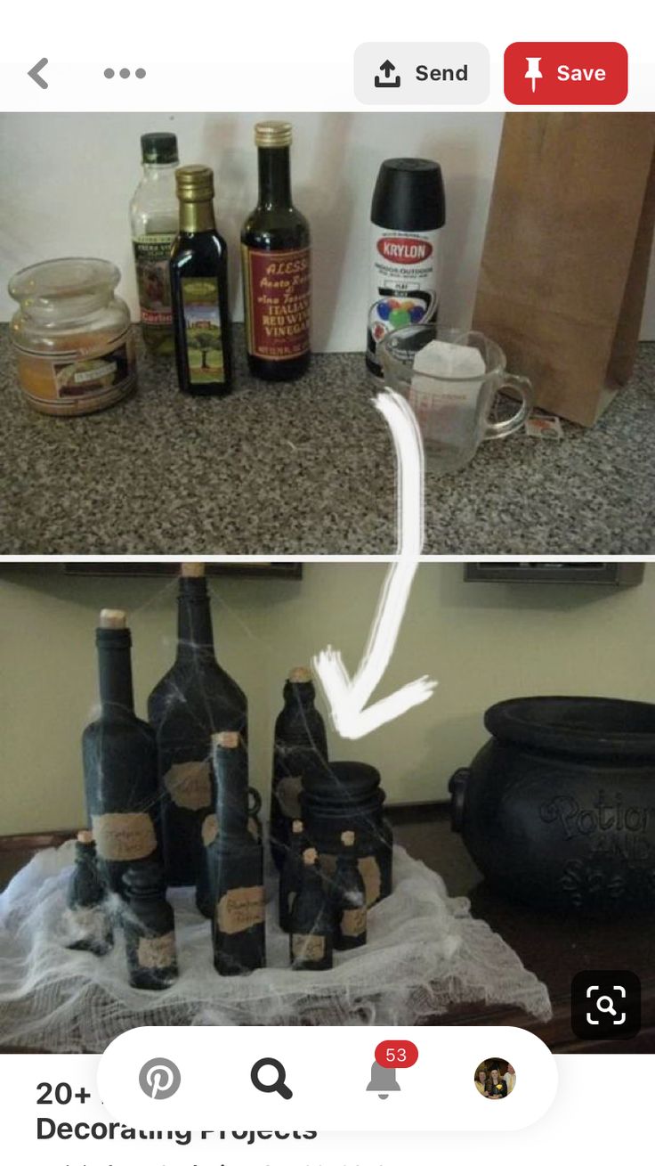 two pictures side by side one shows bottles and the other shows jars with spices in them