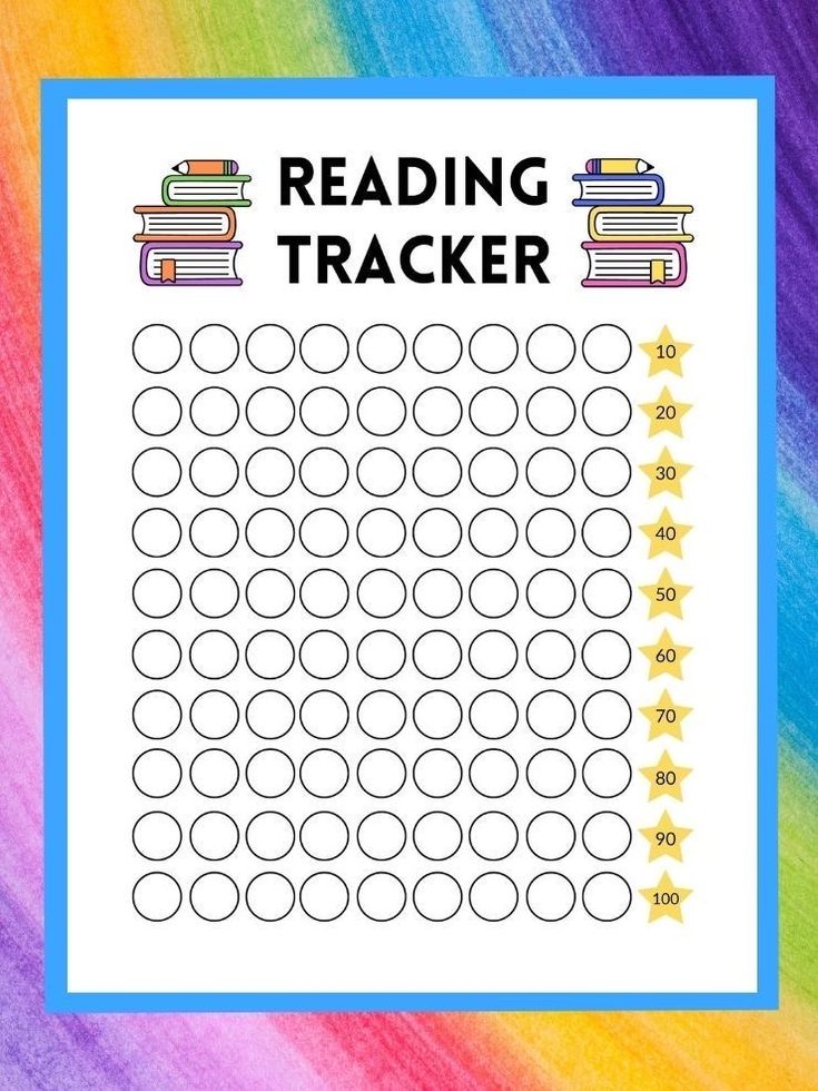 a reading tracker with books and stars on it, next to a rainbow tie dye background