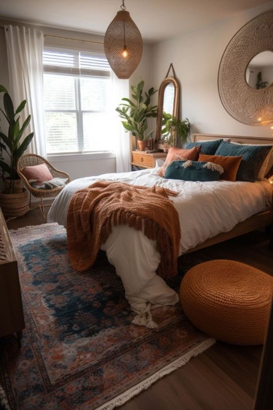 a bed room with a neatly made bed and lots of pillows on the floor next to a window