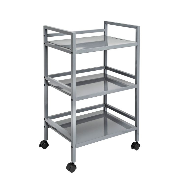 a three tiered shelf with wheels on the bottom and one section open to show shelves