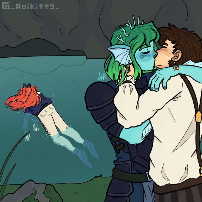 a man and woman are kissing in front of a body of water with an underwater scene behind them