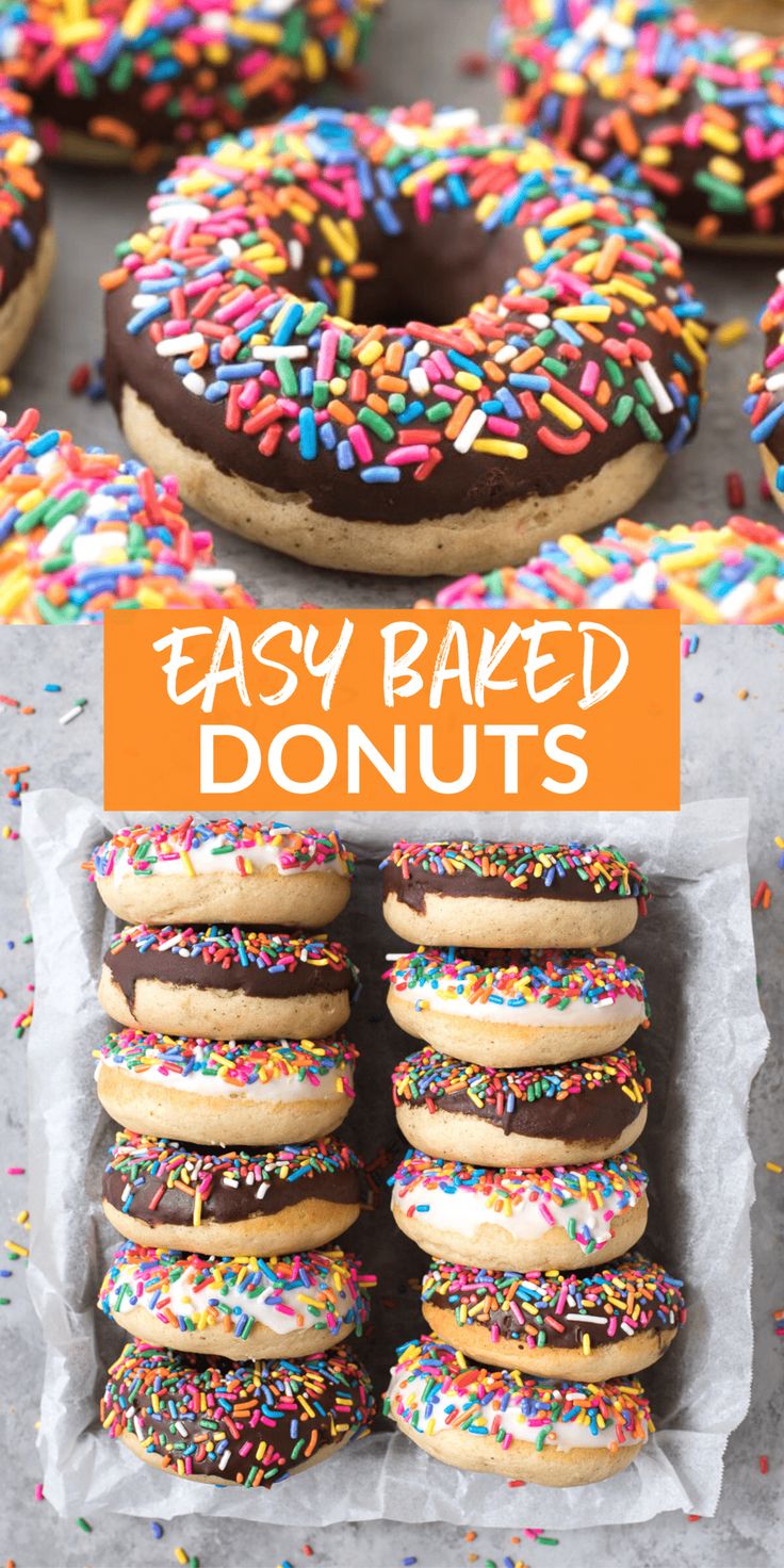 an assortment of baked donuts with chocolate frosting and sprinkles