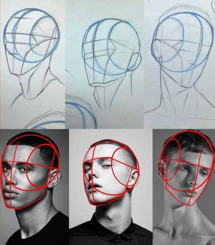 four different views of a man's head with lines drawn on it