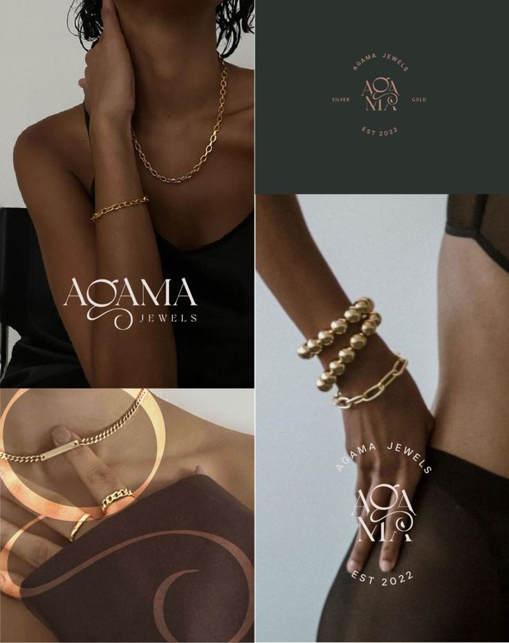 four different types of bracelets and rings on the same woman's arm, both with