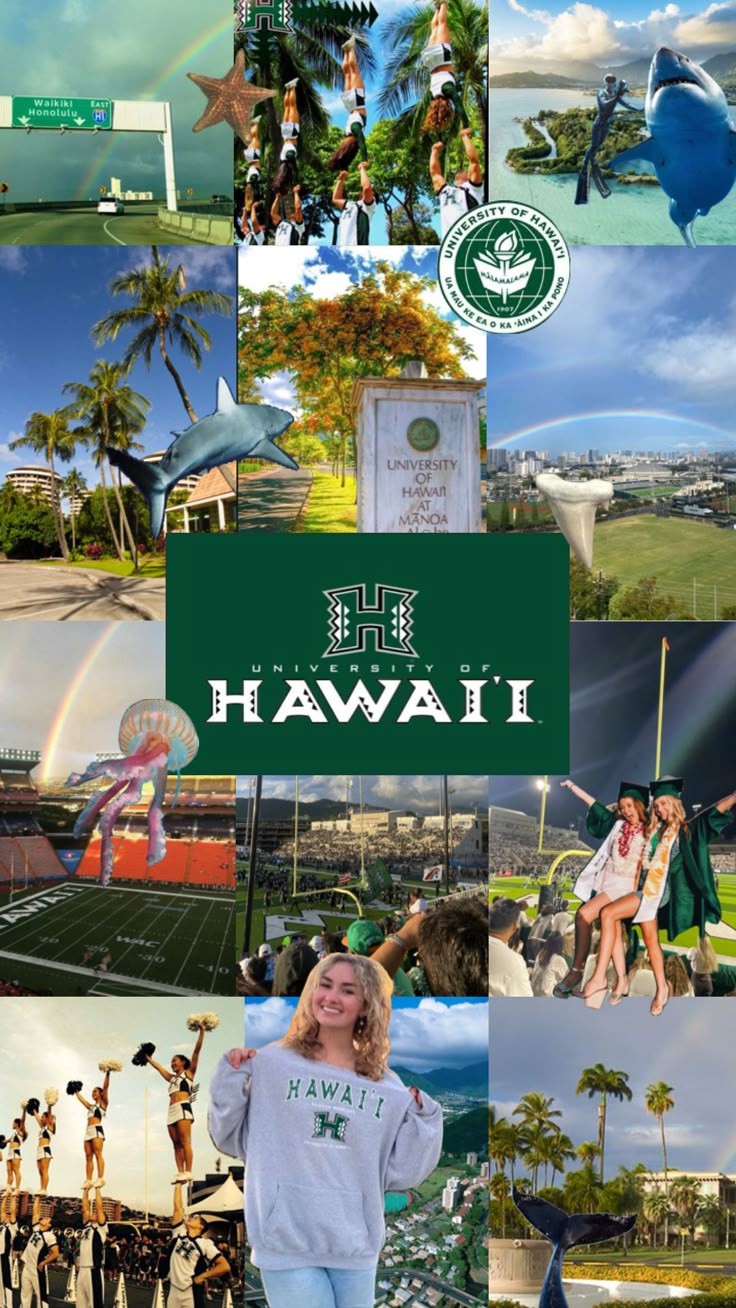 a collage of photos with the words hawaii in green and images of people on it