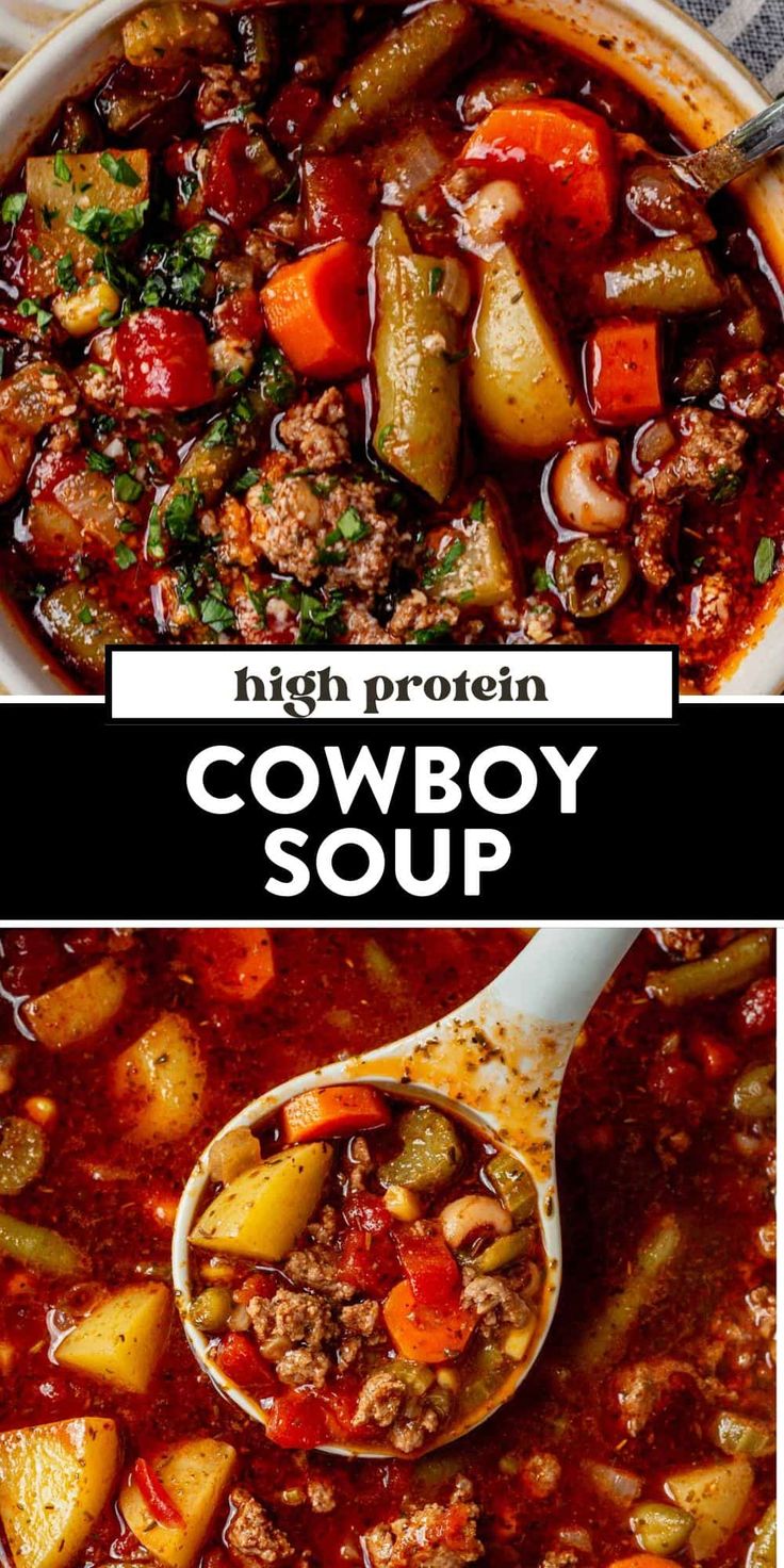 cowboy soup in a white bowl with a spoon on the side and an image of beef stew