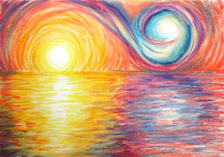 a drawing of the sun rising over water