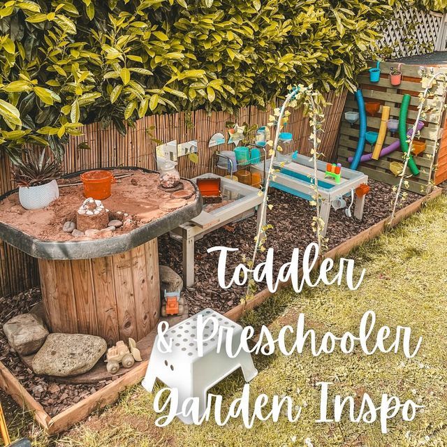 there is a wooden table and chairs in the yard with text overlay that reads toddler & preschool garden