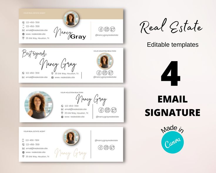 the real estate email signature card is shown in four different colors and font, along with an image of a woman's face