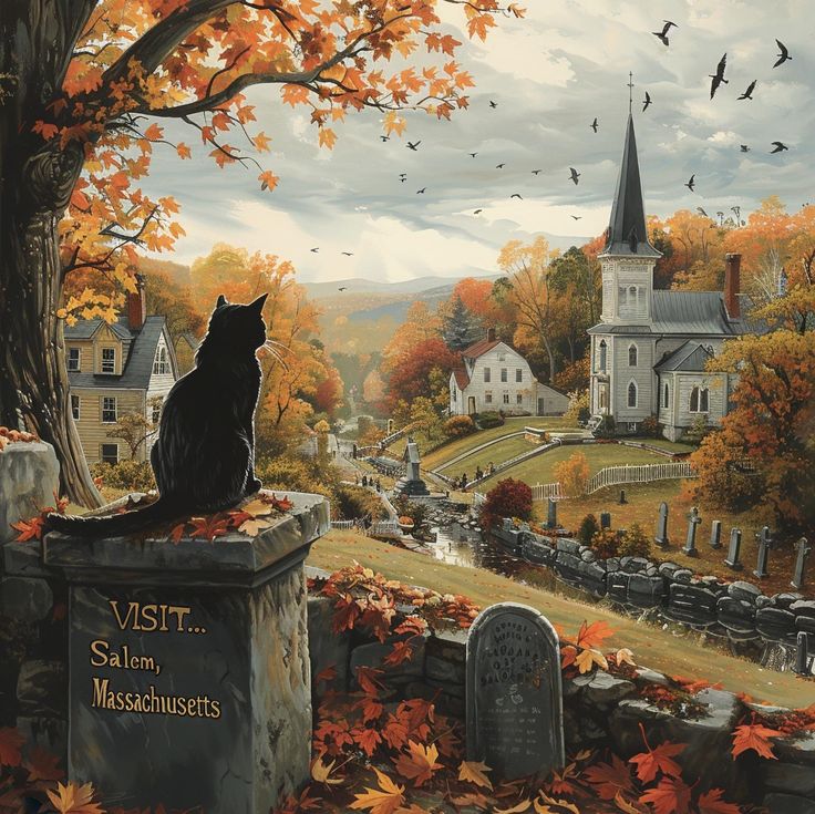 a painting of a cat sitting on a grave in front of a cemetery and graveyard