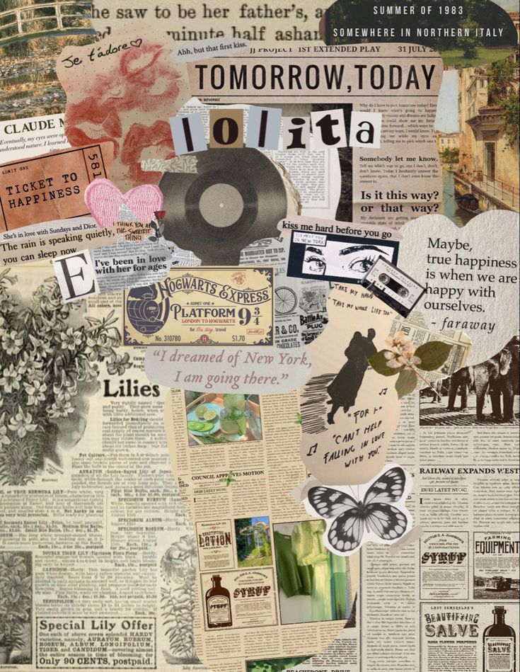 a collage of old newspapers with pictures and words on them, including an image of a