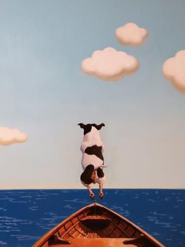 a painting of a cow jumping from a boat into the ocean with clouds in the background