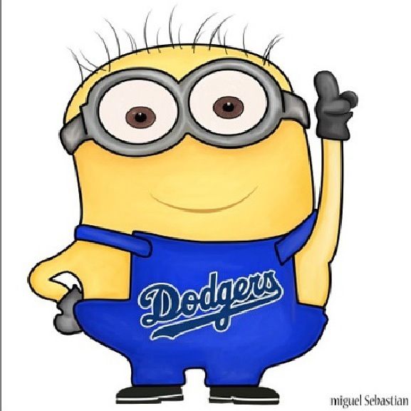 a cartoon minion with goggles holding up the dodgers baseball team's name