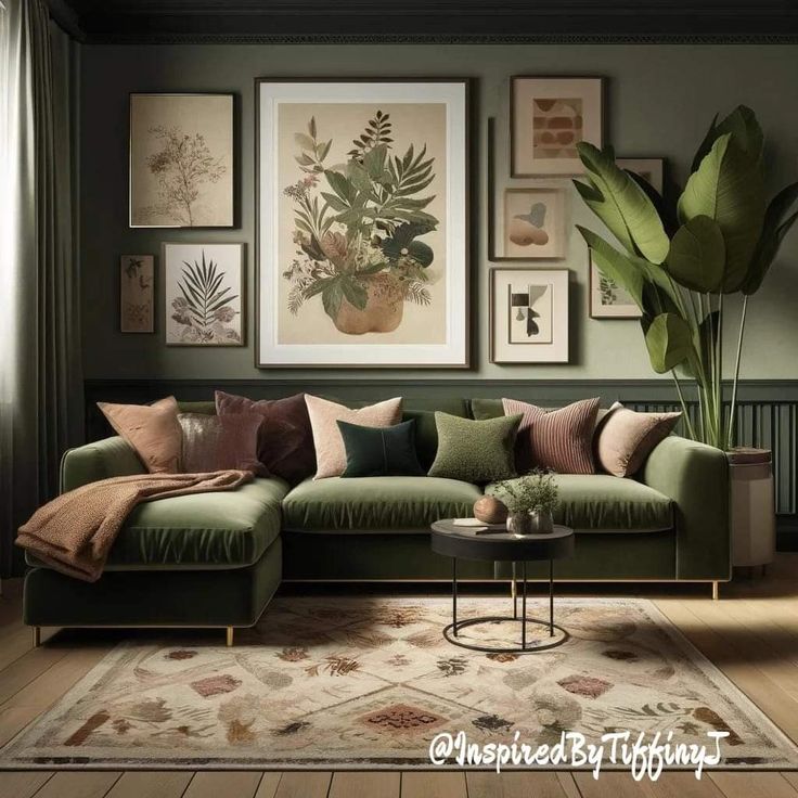 a living room with green couches and pictures on the wall above it, along with a rug