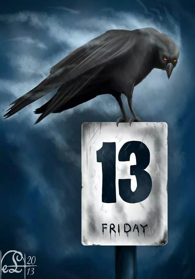 a black bird sitting on top of a sign with the number thirteen in front of it