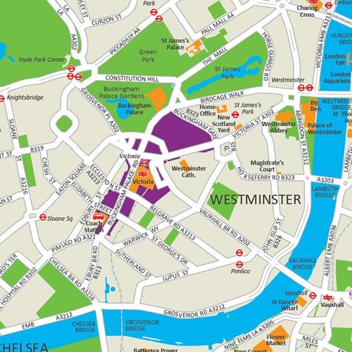 a map showing the location of westminster and its surrounding areas in purple, green, yellow and orange