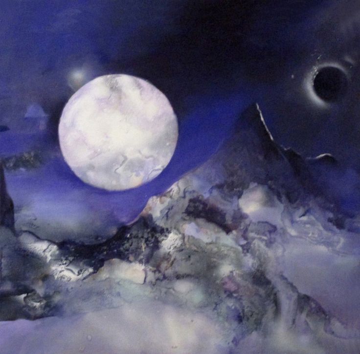 an abstract painting with white and blue colors on the ground, moon in the sky