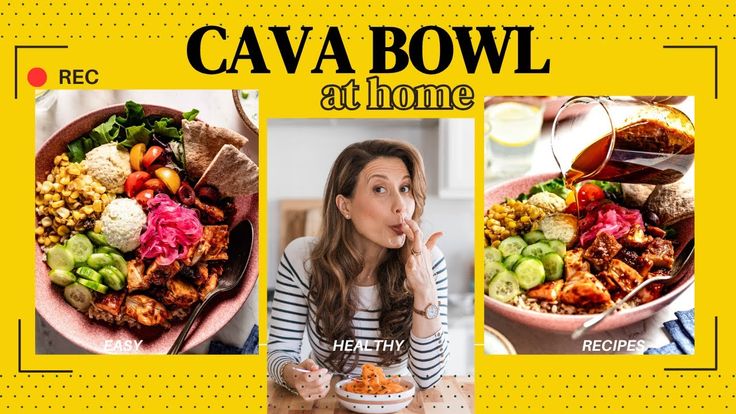 a woman sitting at a table with a bowl of food in front of her and the words cava bowl at home