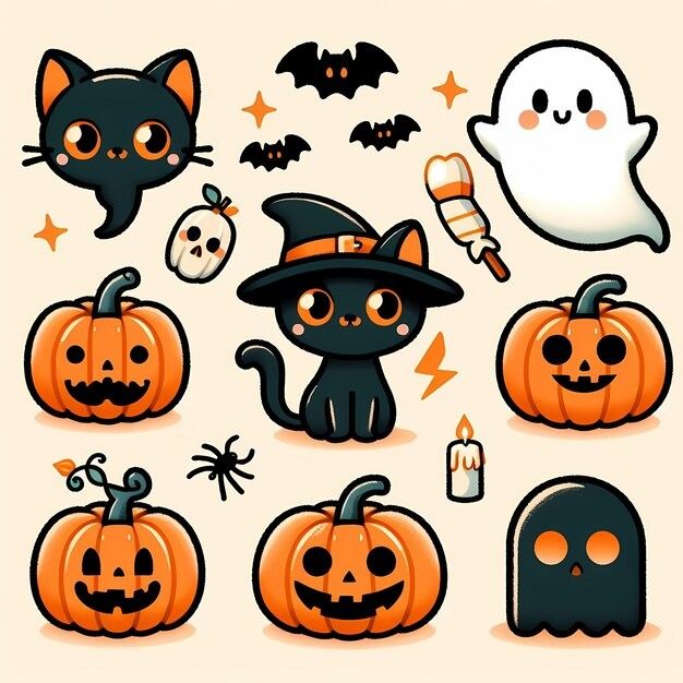 a collection of halloween pumpkins with cats and bats