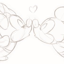 a drawing of mickey and minnie mouses kissing each other with hearts in the background