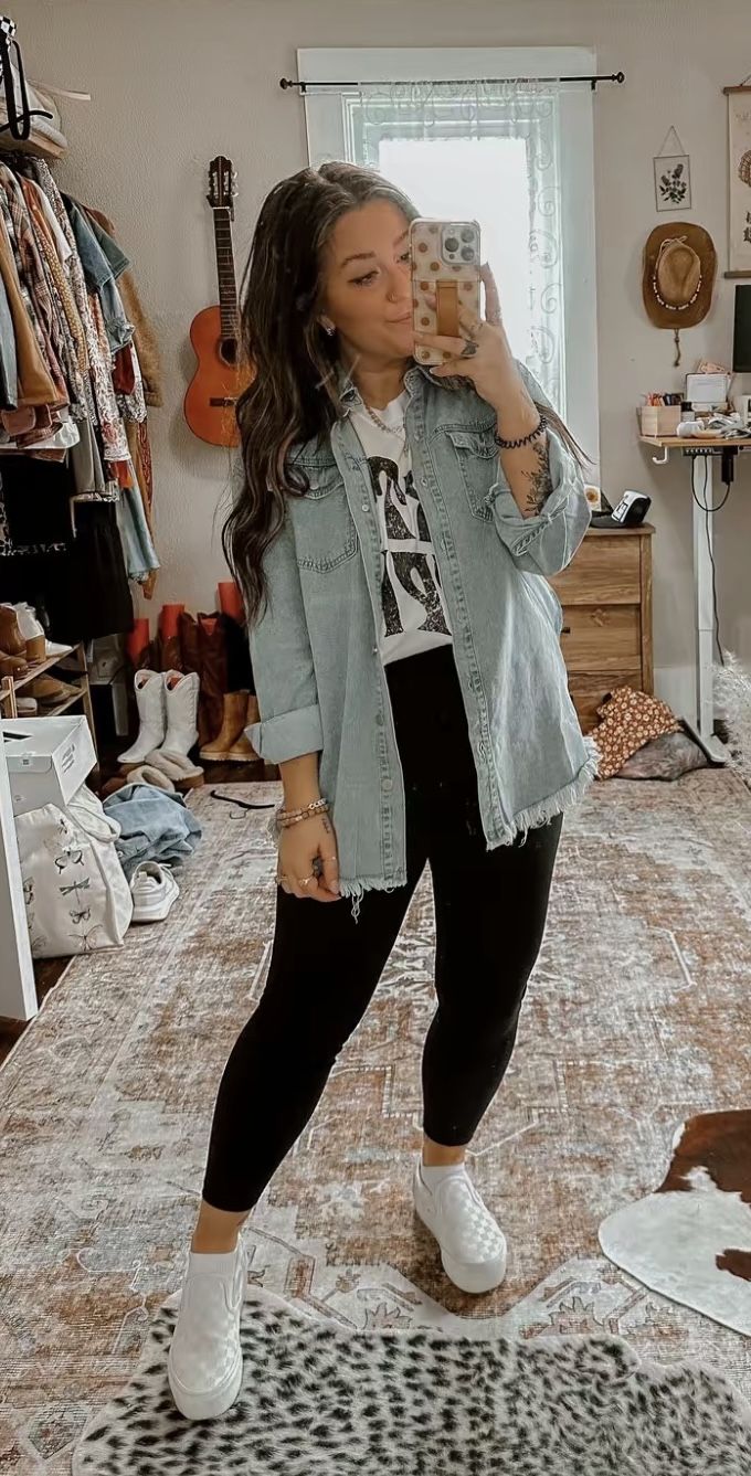 Curvy Stomach Outfit, Teacher Legging Outfits Summer, Concert Fall Outfit Ideas, Green Jacket Fall Outfits, Casual Rocker Style Summer, Trick Or Treat Mom Outfit, Suburban Mom Aesthetic Outfits, How To Style Nike Blazers With Jeans, Open Mic Outfit