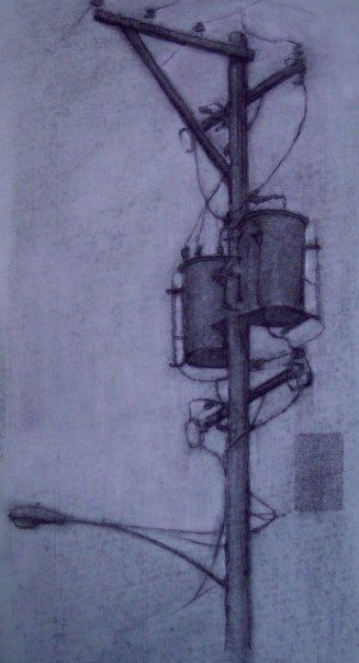 a pencil drawing of a telephone pole with wires