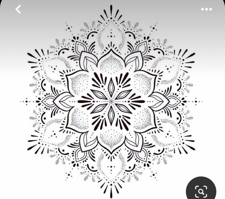 a black and white drawing of a snowflake with leaves on it's side