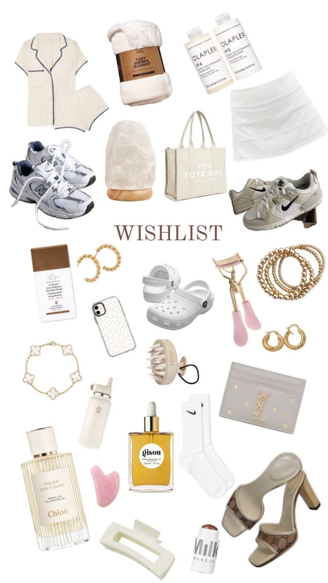 the words wishlist are surrounded by many different types of shoes and other things on display