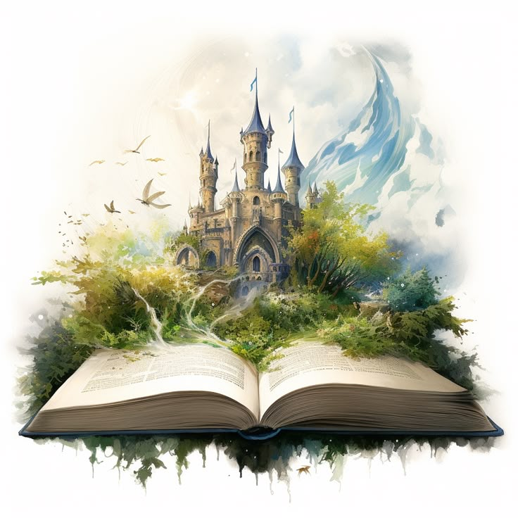 an open book with a castle in the middle and birds flying around it, on top of a lush green field